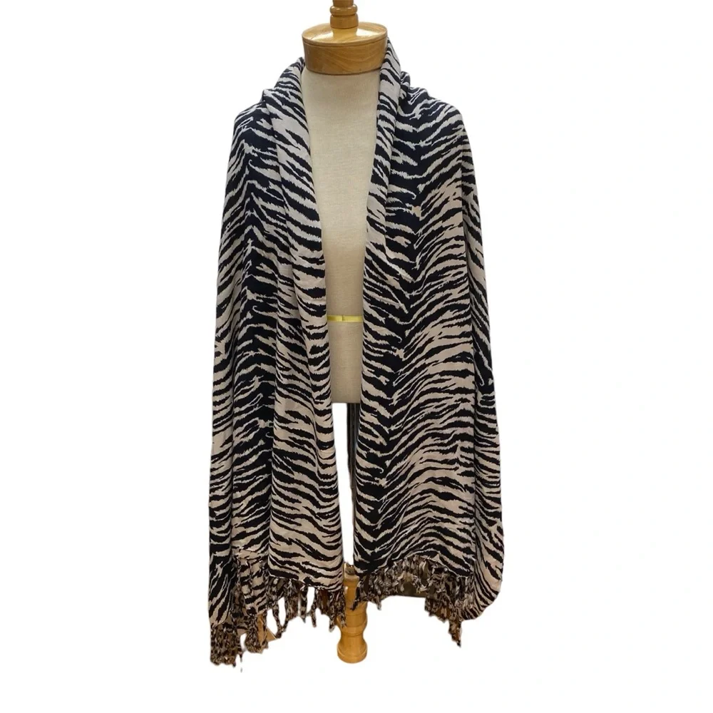World Market Animal Print Scarf Wrap 100% Rayon Black Ivory Boho Lightweight